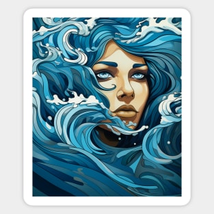 Surrealistic woman face in sea waves illustration Sticker